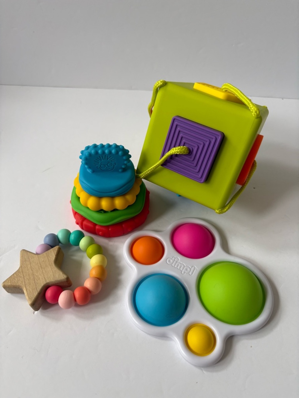 Lot Of 4 Fat Brain Toys OombeeCube Dimpl Baby Einstein Stack&Teethe Wood Teether